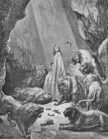 Daniel en la guarida de los leones en el viejo libro La Biblia en imágenes, de G. Doreh, 189