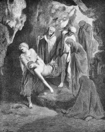 Foto de La posición de Jesús en la tumba en el viejo libro La Biblia en imágenes, por G. Doreh, 189 - Imagen libre de derechos