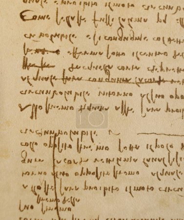 Foto de Manuscrito, dibujos, inscripciones de Leonardo Da Vinci en el viejo libro The Codice Sul Volo, de E. Rouveyre, 1893 - Imagen libre de derechos