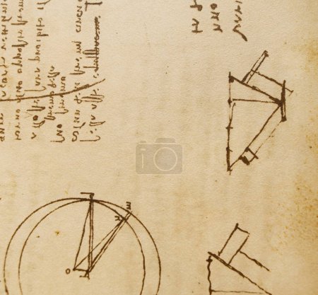 Téléchargez les photos : Manuscrit, dessins, plans, cercle de Léonard de Vinci dans l'ancien livre Le Codice Sul Volo, par E. Rouveyre, 1893 - en image libre de droit