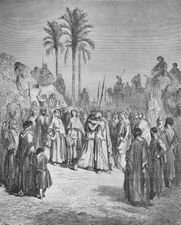Téléchargez les photos : La réconciliation de Jacob avec son frère Esaü dans le vieux livre La Bible en images, par G. Doreh, 1897 - en image libre de droit