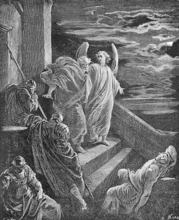 Foto de Un ángel libera al apóstol Pedro en el viejo libro La Biblia en imágenes, de G. Doreh, 189 - Imagen libre de derechos