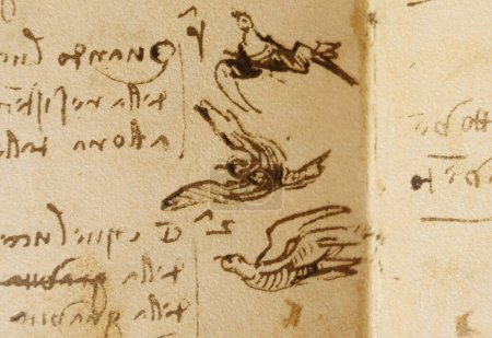 Foto de Manuscrito, dibujos, vuelo de pájaros de Leonardo Da Vinci en el viejo libro The Codice Sul Volo, de E. Rouveyre, 1893 - Imagen libre de derechos