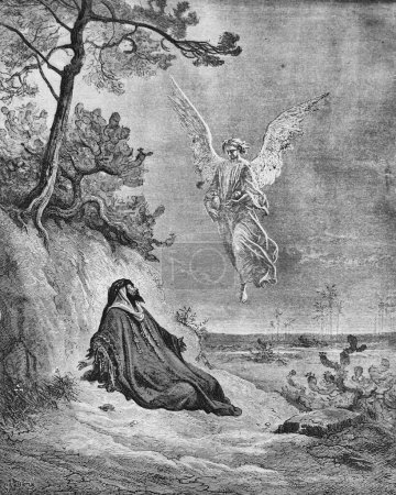 Téléchargez les photos : Un ange apporte de la nourriture au prophète Elie dans l'ancien livre La Bible en images, par G. Doreh, 1897 - en image libre de droit