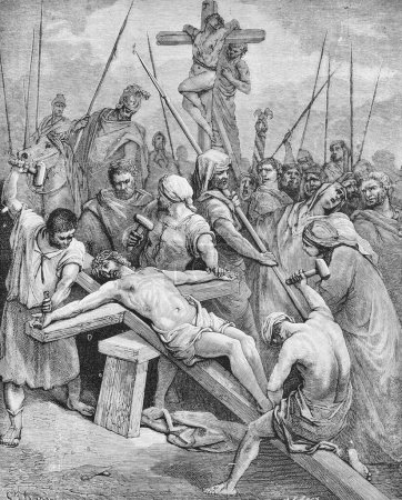 Téléchargez les photos : Nailing Jesus to the Cross in the old book La Bible en images, par G. Doreh, 189 - en image libre de droit