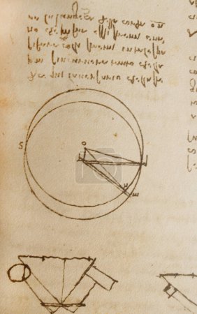 Photo for Manuscript, drawings, blueprints, circle by Leonardo Da Vinci in the old book The Codice Sul Volo, by E. Rouveyre , 1893 - Royalty Free Image