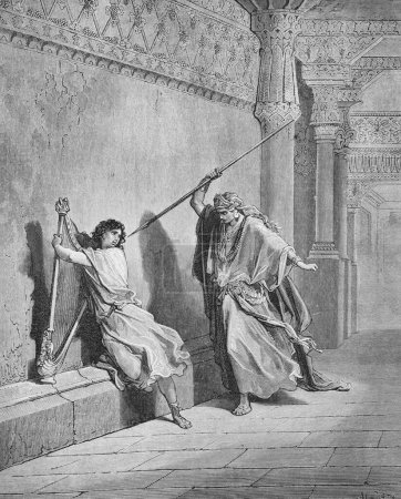 Téléchargez les photos : Saül lance une lance sur David dans l'ancien livre La Bible en images, par G. Doreh, 1897 - en image libre de droit
