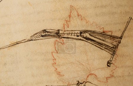 Téléchargez les photos : Manuscrit, dessins, plans de Léonard de Vinci dans l'ancien livre Le Codice Sul Volo, par E. Rouveyre, 1893 - en image libre de droit