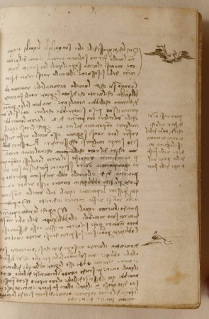 Foto de Manuscrito, dibujos, inscripciones, pájaros de Leonardo Da Vinci en el viejo libro The Codice Sul Volo, de E. Rouveyre, 1893 - Imagen libre de derechos