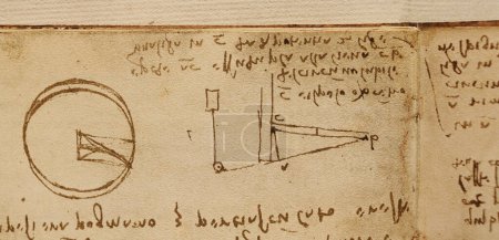 Téléchargez les photos : Manuscrit, dessins, plans, cercle de Léonard de Vinci dans l'ancien livre Le Codice Sul Volo, par E. Rouveyre, 1893 - en image libre de droit