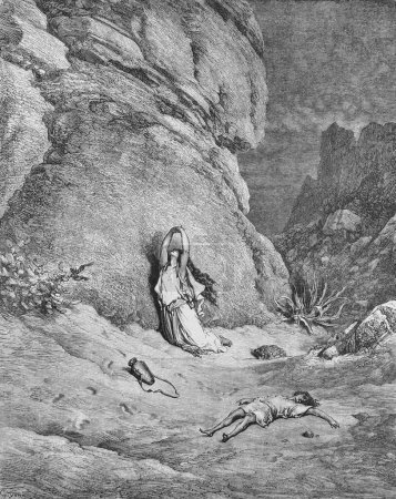 Téléchargez les photos : Agar et Ismaël dans le désert dans l'ancien livre La Bible en images, par G. Doreh, 1897 - en image libre de droit