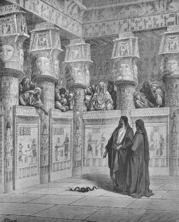 Foto de Moisés y Aarón ante el faraón en el viejo libro La Biblia en imágenes, por G. Doreh, 1897 - Imagen libre de derechos