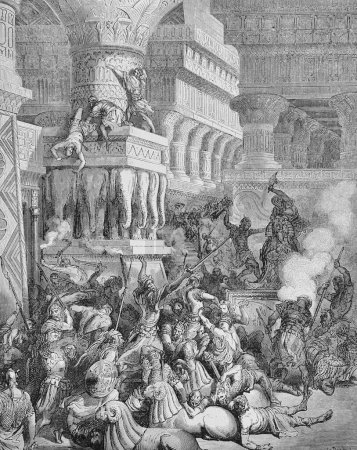Téléchargez les photos : Jonathan détruit le temple de Dagon dans l'ancien livre La Bible en images, par G. Doreh, 189 - en image libre de droit