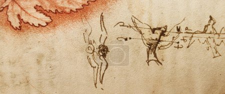Foto de Manuscrito, dibujos, hoja roja, planos de Leonardo Da Vinci en el viejo libro The Codice Sul Volo, de E. Rouveyre, 1893 - Imagen libre de derechos