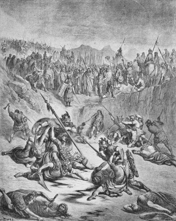 Battle of combatants Jeboshej and David in the old book The Bible in Pictures, by G. Doreh, 1897