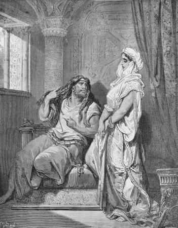 Téléchargez les photos : Samson et Delilah dans l'ancien livre La Bible en images, par G. Doreh, 1897 - en image libre de droit