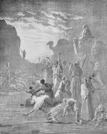 Téléchargez les photos : Moïse faisant sortir l'eau du rocher dans l'ancien livre La Bible en images, par G. Doreh, 1897 - en image libre de droit
