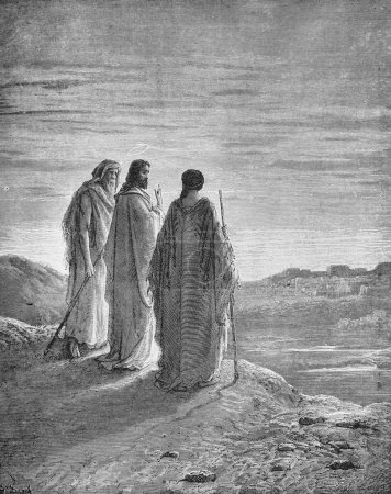 Téléchargez les photos : Jésus sur la route d'Emmaüs dans l'ancien livre La Bible en images, par G. Doreh, 189 - en image libre de droit