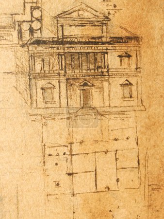 Photo for Manuscript, drawings, blueprints, house project by Leonardo Da Vinci in the old book The Codice Sul Volo, by E. Rouveyre , 1893 - Royalty Free Image