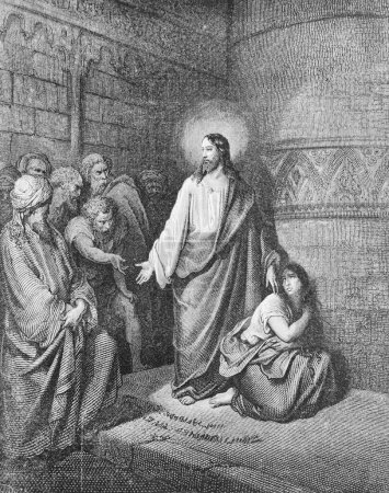 Foto de Jesús y el pecador perdonado en el viejo libro La Biblia en imágenes, por G. Doreh, 189 - Imagen libre de derechos