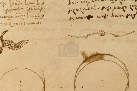 Foto de Manuscrito, dibujos, planos, pájaro de Leonardo Da Vinci en el viejo libro The Codice Sul Volo, de E. Rouveyre, 1893 - Imagen libre de derechos