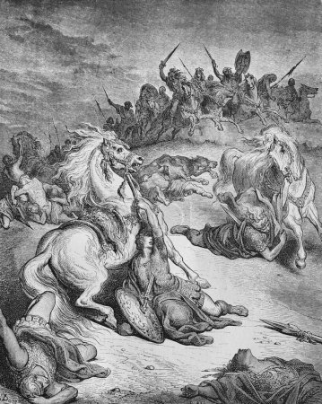 Téléchargez les photos : La mort de Saül dans l'ancien livre La Bible en images, par G. Doreh, 1897 - en image libre de droit