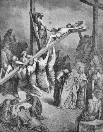Téléchargez les photos : Élever la croix avec Jésus dans l'ancien livre La Bible en images, par G. Doreh, 189 - en image libre de droit