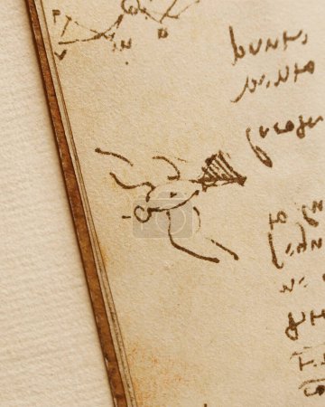 Foto de Manuscrito, dibujos, vuelo de pájaro de Leonardo Da Vinci en el viejo libro The Codice Sul Volo, de E. Rouveyre, 1893 - Imagen libre de derechos