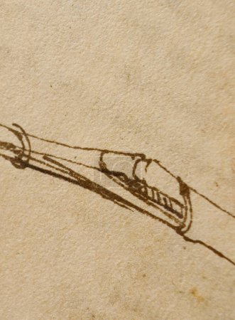 Foto de Manuscrito, dibujos, planos de Leonardo Da Vinci en el viejo libro The Codice Sul Volo, de E. Rouveyre, 1893 - Imagen libre de derechos