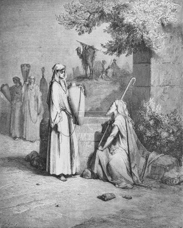 Téléchargez les photos : Eliézer et Rebecca dans l'ancien livre La Bible en images, par G. Doreh, 1897 - en image libre de droit