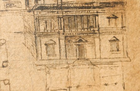 Foto de Manuscrito, dibujos, planos, proyecto de casa de Leonardo Da Vinci en el viejo libro The Codice Sul Volo, de E. Rouveyre, 1893 - Imagen libre de derechos