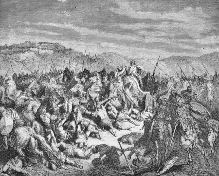 Téléchargez les photos : Bataille dans l'une des histoires bibliques du vieux livre La Bible en images, par G. Doreh, 1897 - en image libre de droit