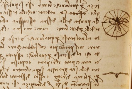 Foto de Manuscrito, dibujos, inscripciones, planos de Leonardo Da Vinci en el viejo libro The Codice Sul Volo, de E. Rouveyre, 1893 - Imagen libre de derechos