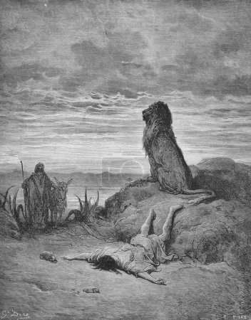 Téléchargez les photos : Le Prophète tué par le lion dans l'ancien livre La Bible en images, par G. Doreh, 1897 - en image libre de droit