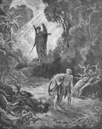 La expulsión de Adán y Eva del Paraíso en el viejo libro La Biblia en imágenes, de G. Doreh, 1897