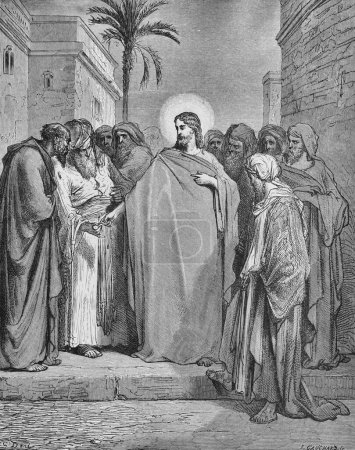 Foto de Jesús convence a los fariseos con un Pence en el viejo libro La Biblia en imágenes, por G. Doreh, 189 - Imagen libre de derechos
