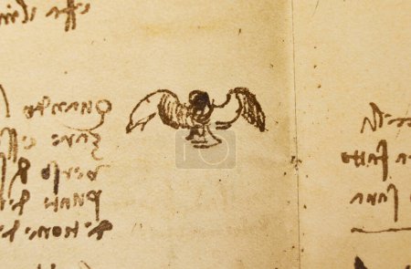 Foto de Manuscrito, dibujos, pájaro de Leonardo Da Vinci en el viejo libro The Codice Sul Volo, de E. Rouveyre, 1893 - Imagen libre de derechos