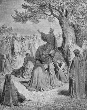 Foto de Jesús predica a la gente en el viejo libro La Biblia en imágenes, por G. Doreh, 189 - Imagen libre de derechos
