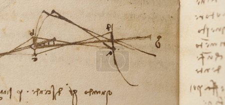 Foto de Manuscrito, dibujos, planos de Leonardo Da Vinci en el viejo libro The Codice Sul Volo, de E. Rouveyre, 1893 - Imagen libre de derechos