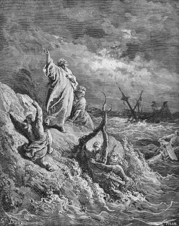 The destruction of the ship on which Paul sailed in the old book The Bible in Pictures, by G. Doreh, 189