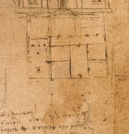 Téléchargez les photos : Manuscrit, dessins, plans, plan de la maison de Léonard de Vinci dans l'ancien livre Le Codice Sul Volo, par E. Rouveyre, 1893 - en image libre de droit