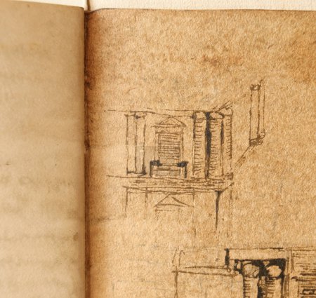 Téléchargez les photos : Manuscrit, dessins, plans, projet de maison de Léonard de Vinci dans l'ancien livre Le Codice Sul Volo, par E. Rouveyre, 1893 - en image libre de droit