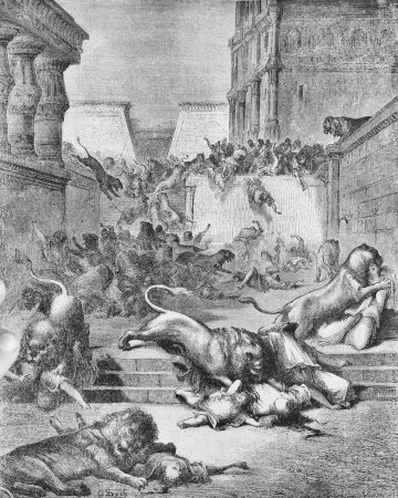 Foto de Extraños reasentados en Samaria son devorados por leones en el viejo libro La Biblia en imágenes, de G. Doreh, 1897 - Imagen libre de derechos