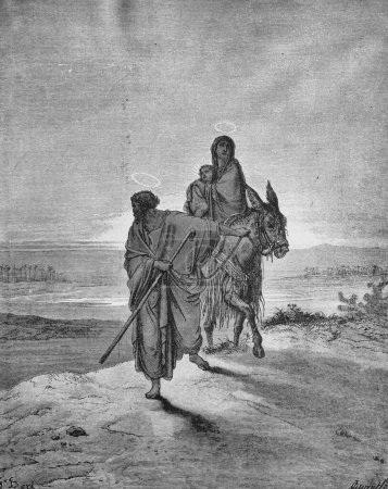 Téléchargez les photos : L'évasion de la famille de Jésus en Egypte dans l'ancien livre La Bible en images, par G. Doreh, 189 - en image libre de droit