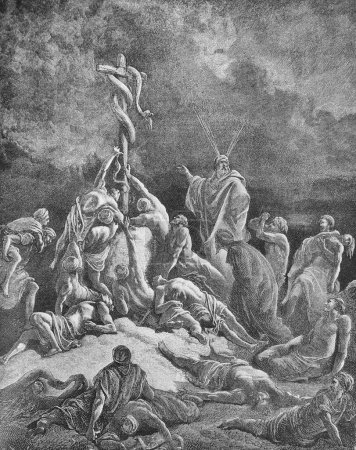 Téléchargez les photos : Le serpent de bronze que Moïse a placé dans l'ancien livre La Bible en images, par G. Doreh, 1897 - en image libre de droit