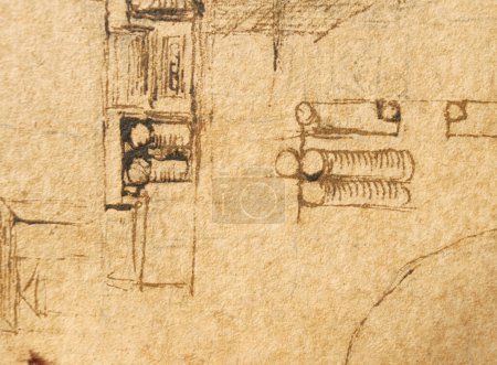 Foto de Manuscrito, dibujos, planos, proyecto de casa de Leonardo Da Vinci en el viejo libro The Codice Sul Volo, de E. Rouveyre, 1893 - Imagen libre de derechos