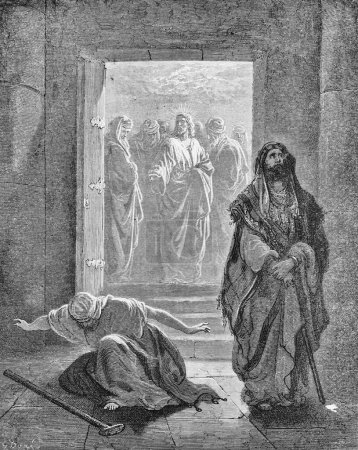 Pharisien et publicain dans l'ancien livre La Bible en images, par G. Doreh, 189