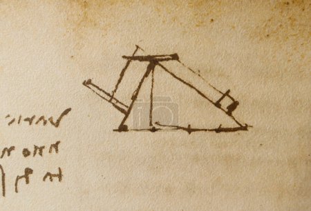 Foto de Manuscrito, dibujos, planos, triángulo de Leonardo Da Vinci en el viejo libro The Codice Sul Volo, de E. Rouveyre, 1893 - Imagen libre de derechos