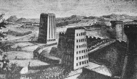 Foto de Siege Moving Towers with Descending Bridges in the old book the History of culture, por V.V.Bitner, 1906, S.Petersburg, vol. 24 - Imagen libre de derechos