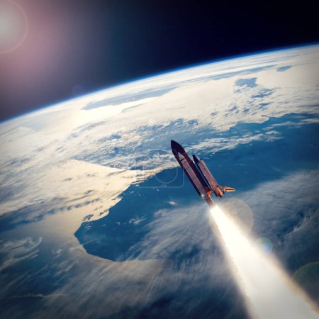 Téléchargez les photos : Une fusée au-dessus de la terre. Les éléments de cette image fournis par la NASA - en image libre de droit